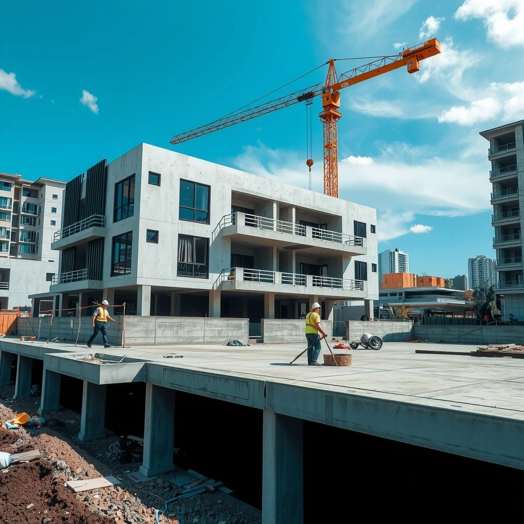 Residential construction project showing modern house foundation and framing